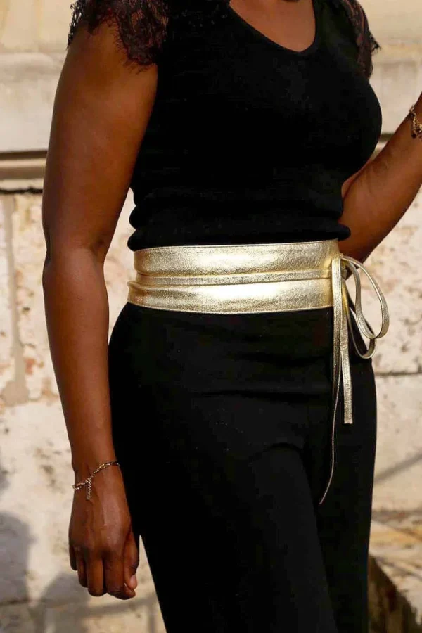 Femmes Saheline Ceinture En Cuir Metallise Dore Casey
